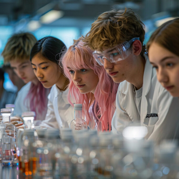 Eine Gruppe von jungen Menschen in einem Labor, die gemeinsam an einem Projekt arbeiten und Experimente durchführen.