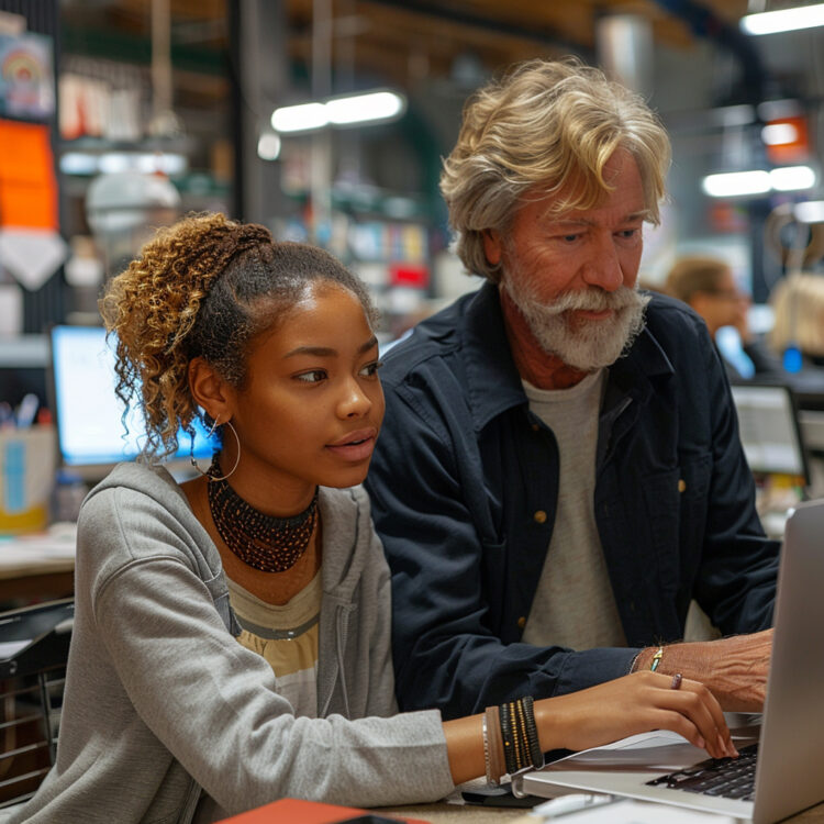 Ein Mann und eine junge Frau sitzen an einem Tisch und nutzen einen Laptop, um an einem Projekt zu arbeiten.