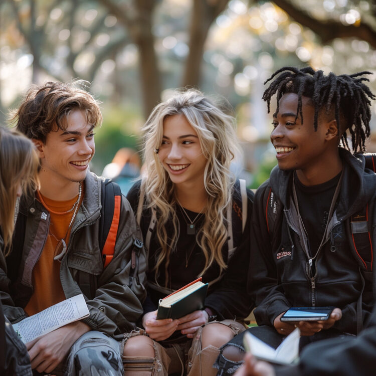 Vier junge Menschen sitzen im Park und tauschen sich lebhaft aus.